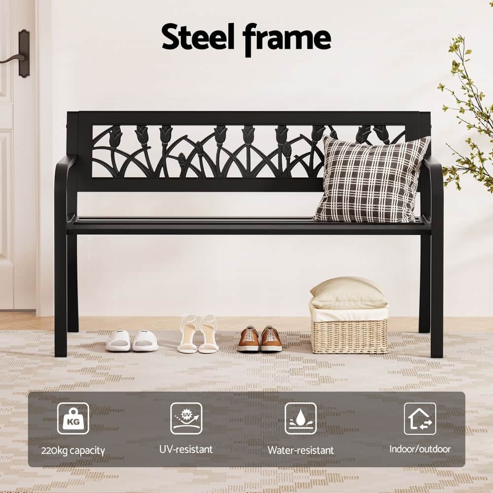 Outdoor Garden Bench Seat Outdoor Furniture Steel 2 Seater Park Black, Steel finish