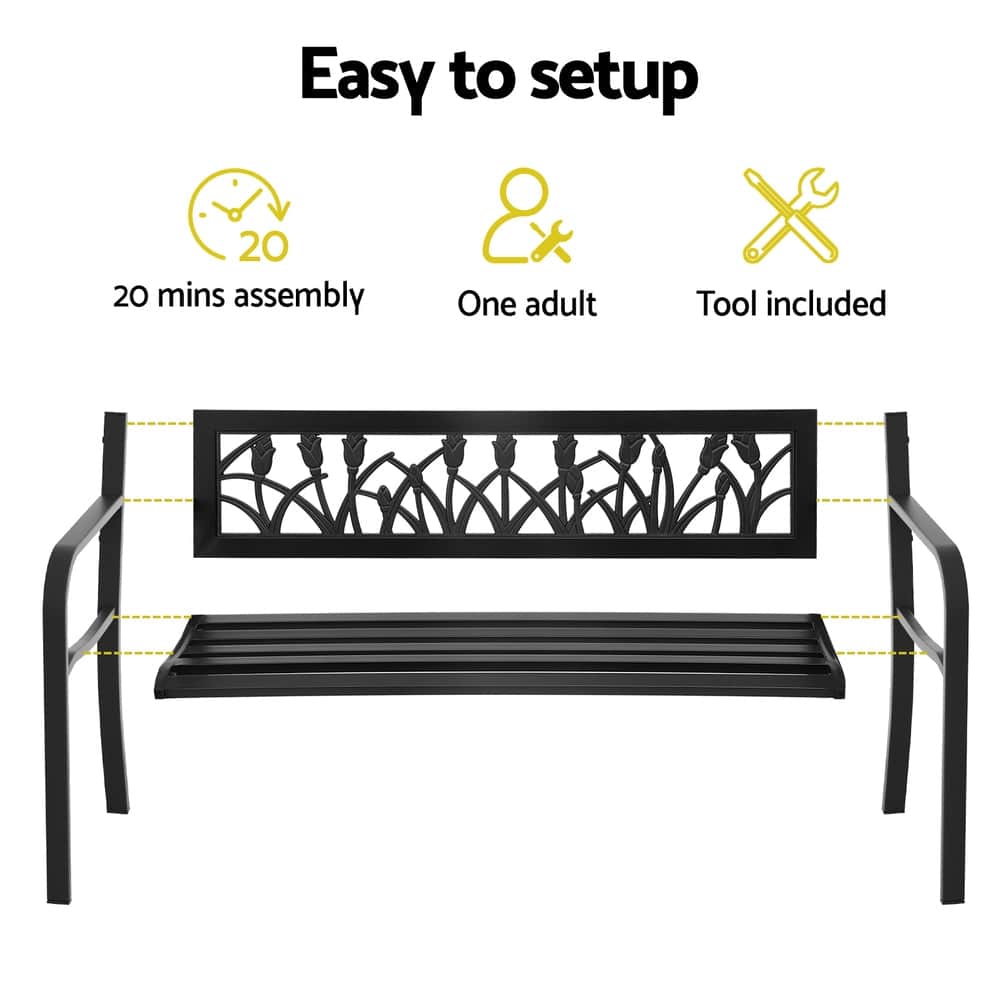 Black colour - Outdoor Garden Bench Seat Outdoor Furniture Steel 2 Seater Park Black