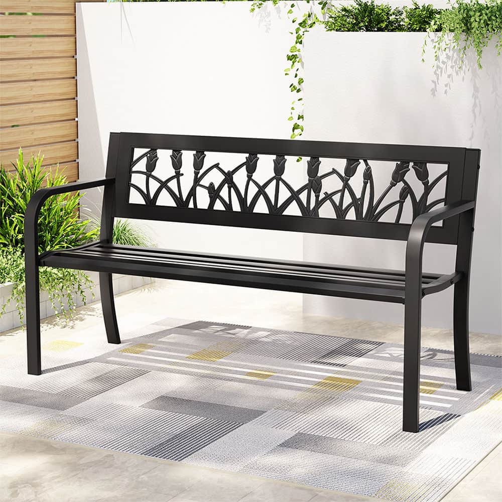 Steel finish - Outdoor Garden Bench Seat Outdoor Furniture Steel 2 Seater Park Black