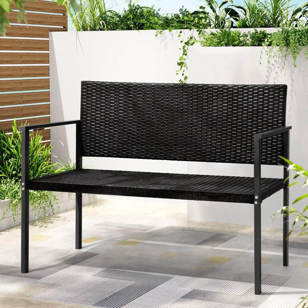 Outdoor Garden Bench Seat Rattan Park Grey/Black, Outdoor Chairs