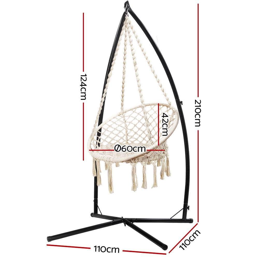 Outdoor Hammock Chair With Steel Stand Cotton Swing Hanging 124Cm Cream