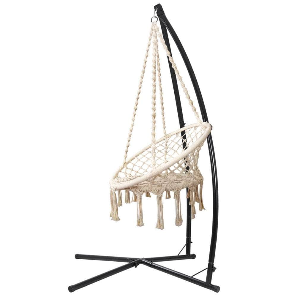 Outdoor Hammock Chair With Steel Stand Cotton Swing Hanging 124Cm Cream