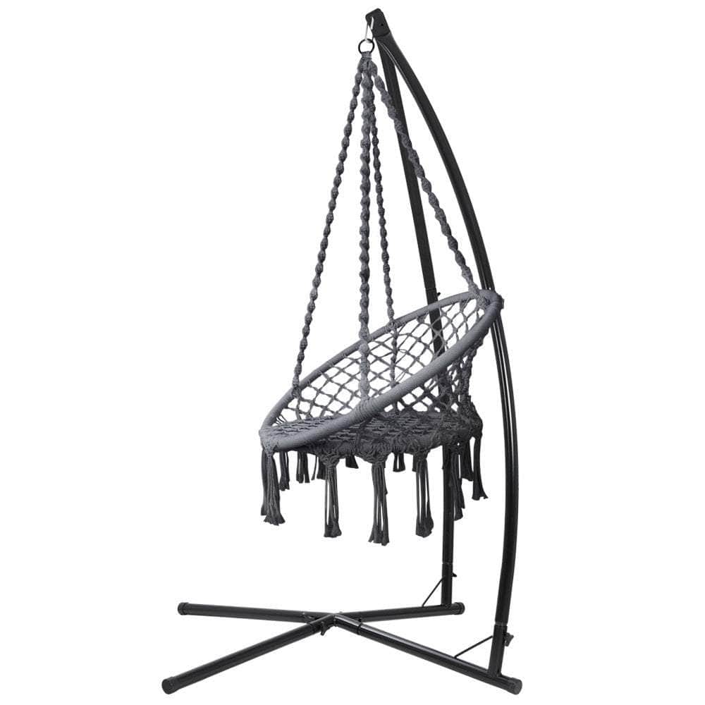 Outdoor Hammock Chair With Steel Stand Cotton Swing Hanging 124Cm Grey
