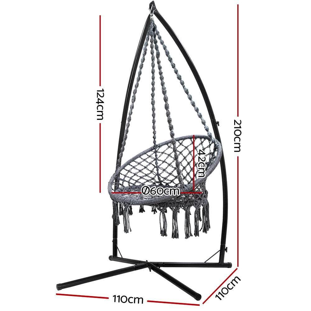 Outdoor Hammock Chair With Steel Stand Cotton Swing Hanging 124Cm Grey