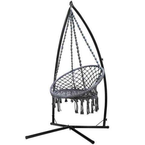 Outdoor Hammock Chair With Steel Stand Cotton Swing Hanging 124Cm Grey