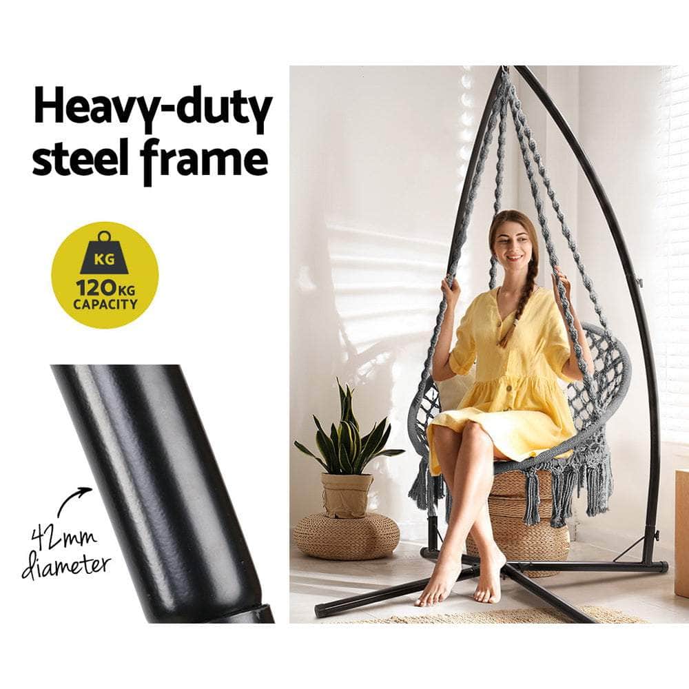 Outdoor Hammock Chair With Steel Stand Cotton Swing Hanging 124Cm Grey
