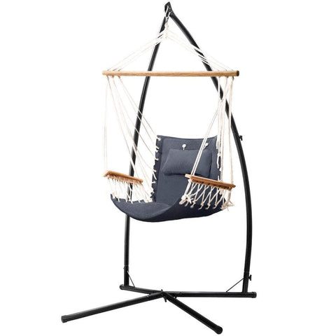 Hammock Chair With Steel Stand Armrest Outdoor Hanging Grey