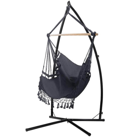 Hammock Chair With Steel Stand Hanging Outdoor Tassel Grey