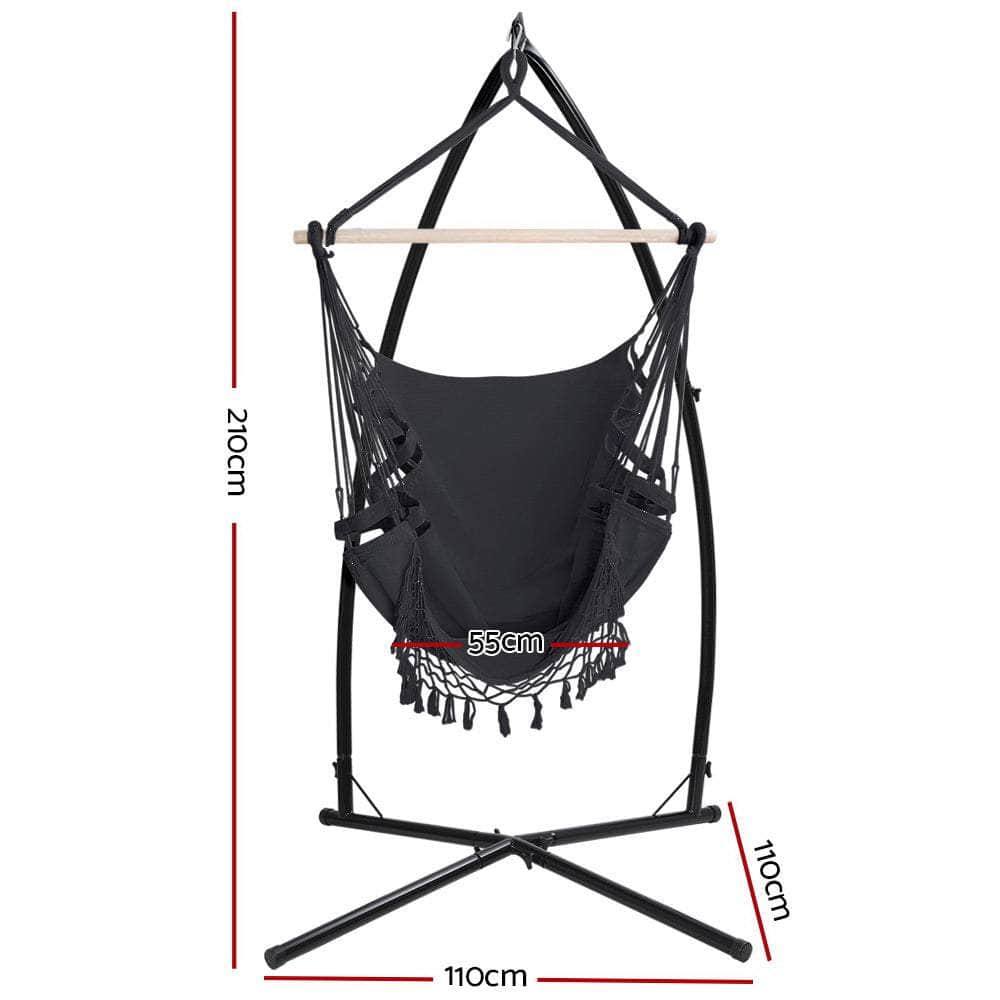 Outdoor Hammock Chair With Steel Stand Tassel Hanging Rope Hammock Grey