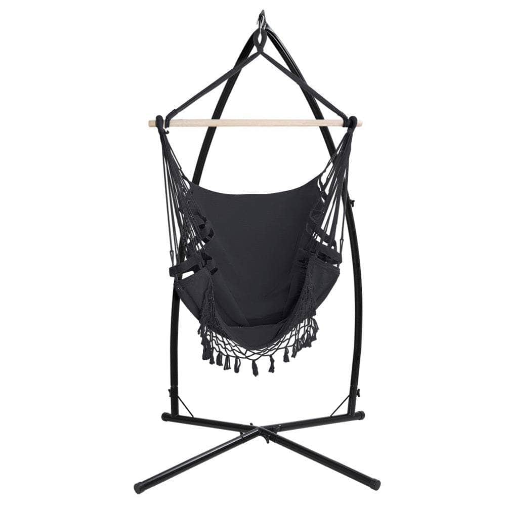 Outdoor Hammock Chair With Steel Stand Tassel Hanging Rope Hammock Grey