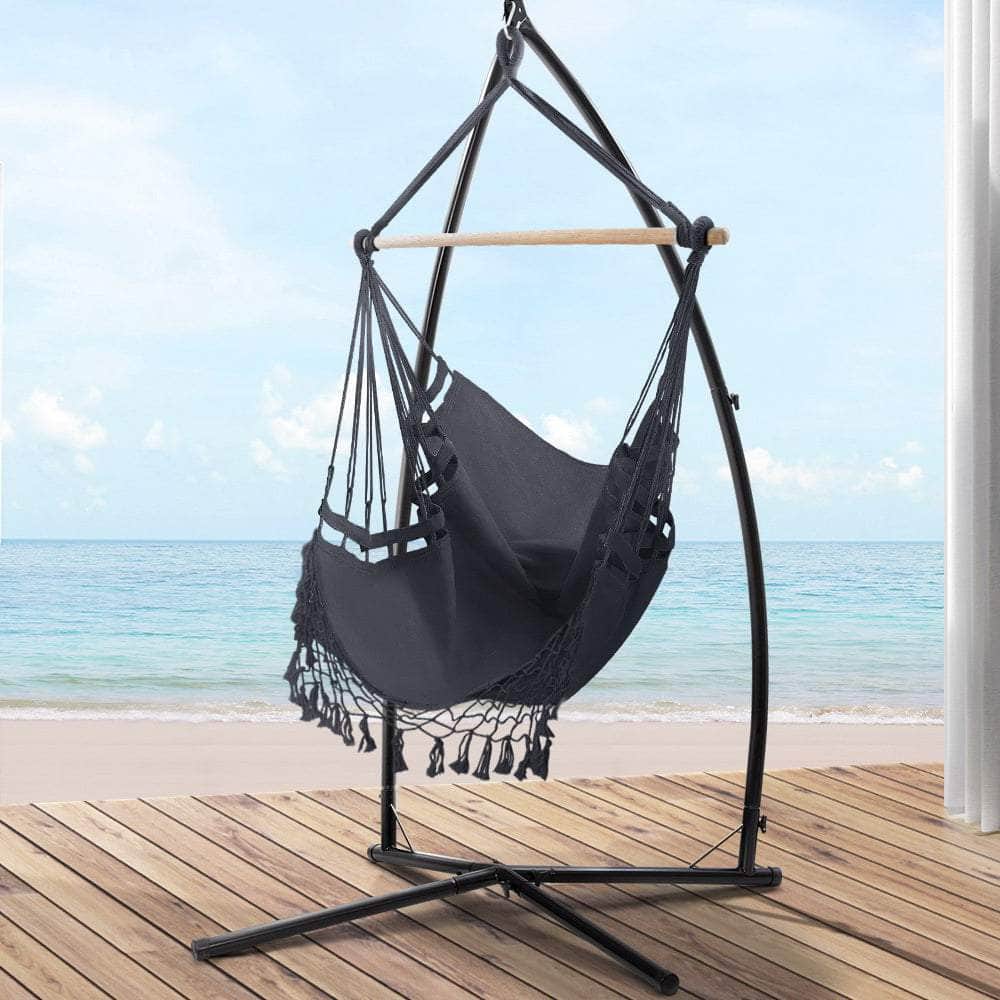 Outdoor Hammock Chair With Steel Stand Tassel Hanging Rope Hammock Grey