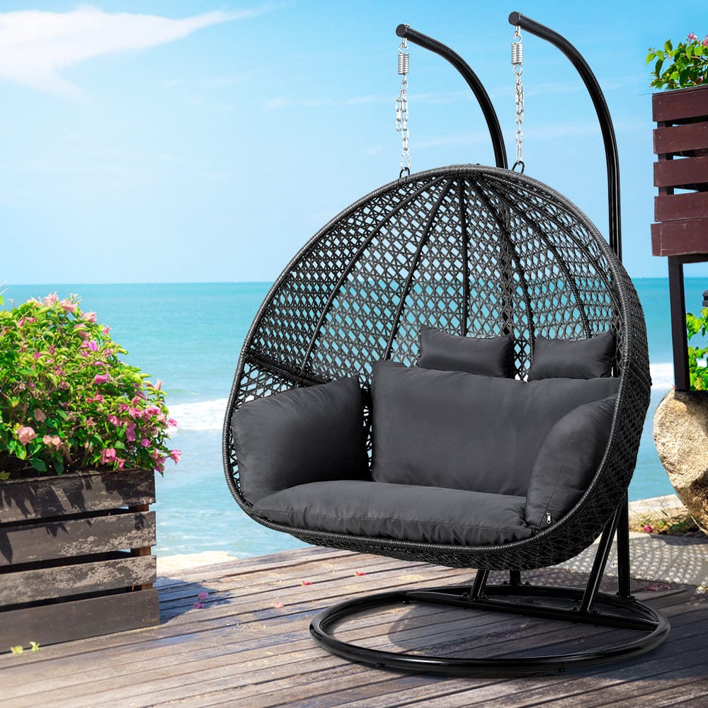 Outdoor Egg Swing Chair Hanging Pod Chair Wicker Cushion 2 Person Grey with Outdoor Chairs