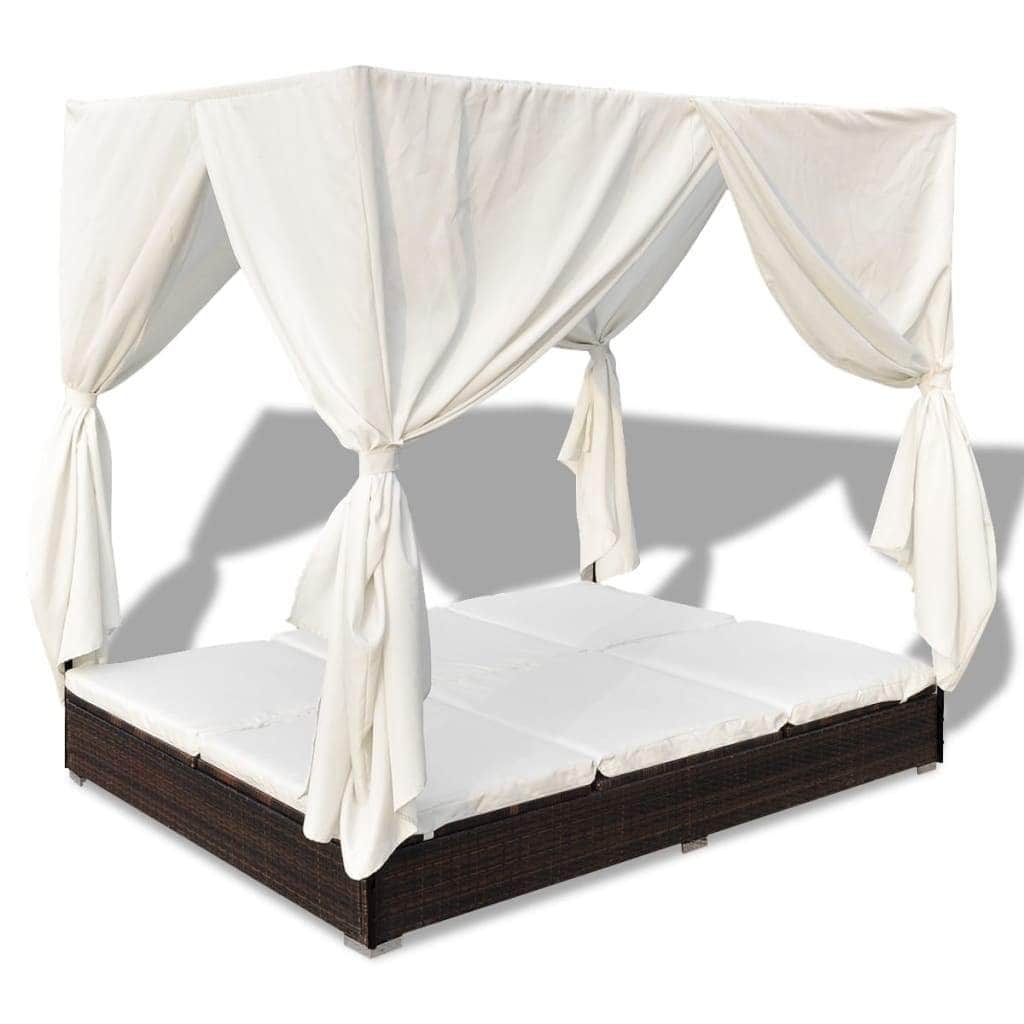 Outdoor Lounge Bed with Curtains Poly Rattan Brown