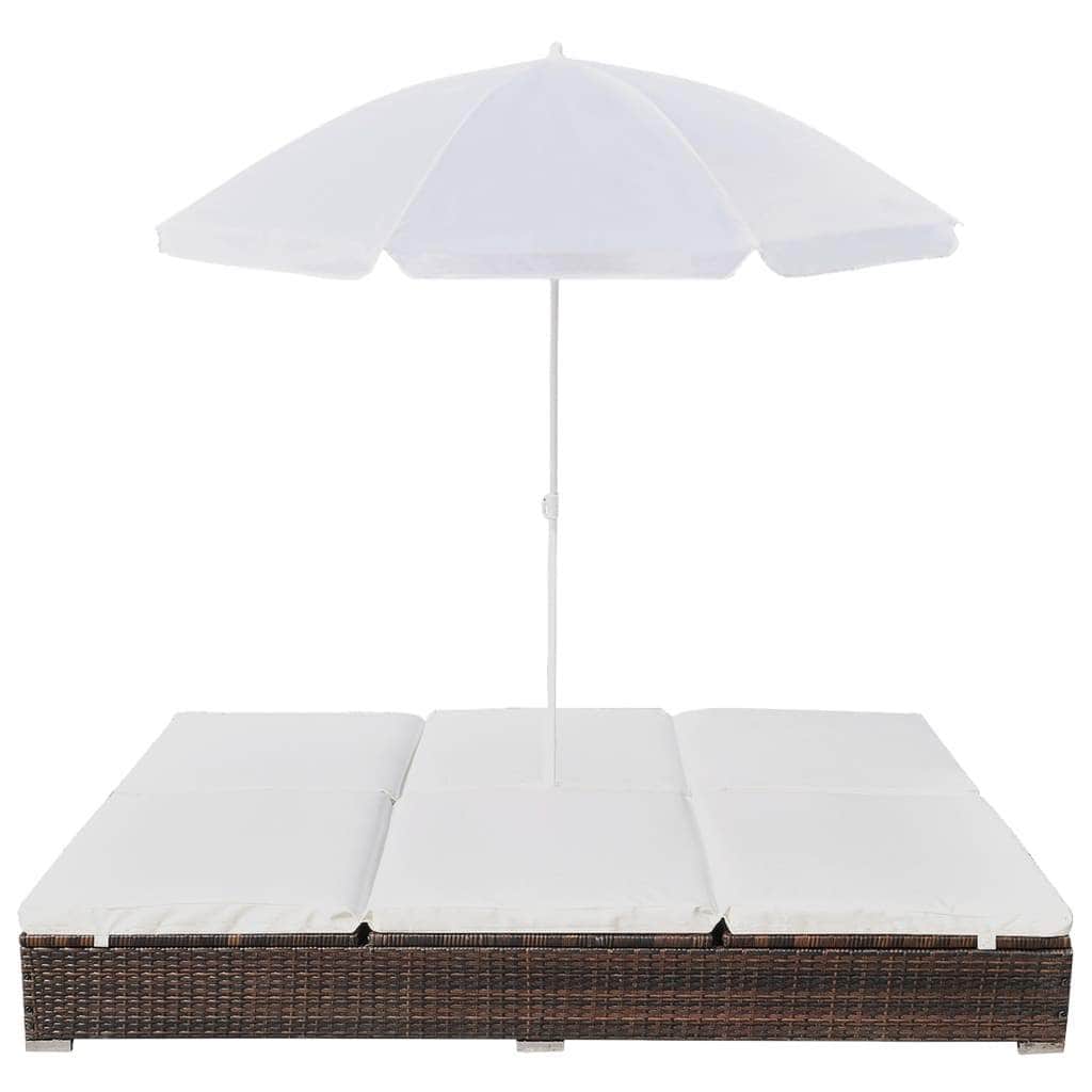 Outdoor Lounge Bed with Umbrella Poly Rattan Brown