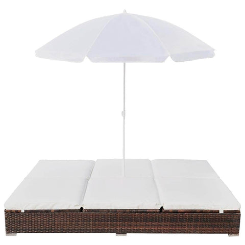 Outdoor Lounge Bed with Umbrella Poly Rattan Brown