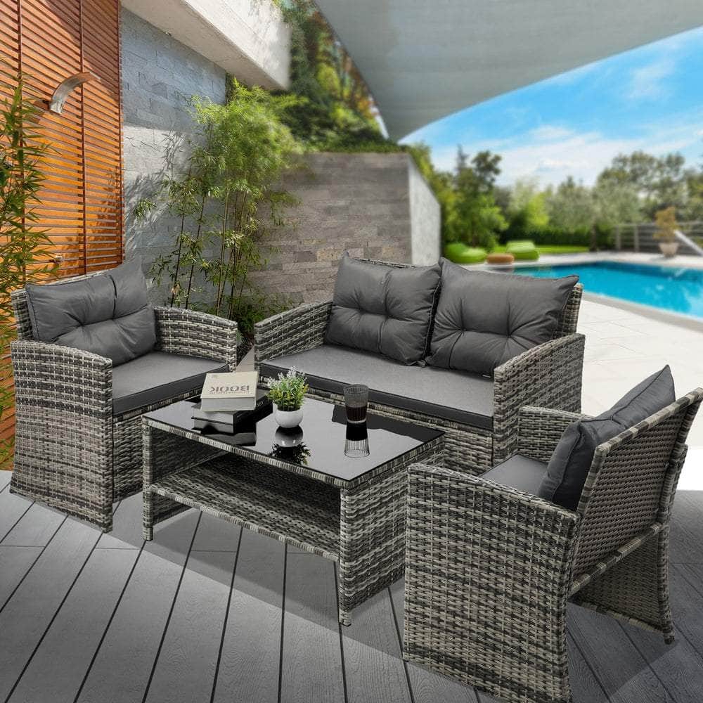 Outdoor Lounge Setting with a 4-Piece Wicker Sofa Chair Table Patio Set-Black\Grey