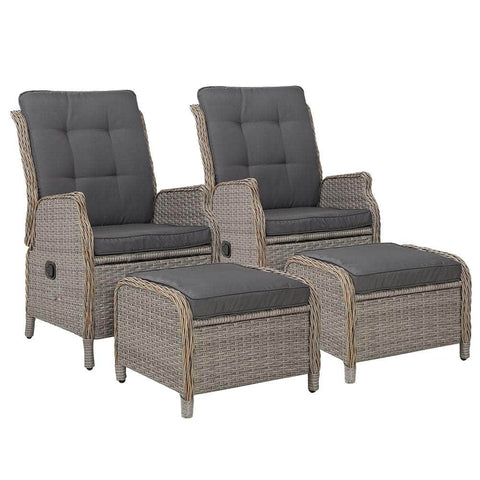 2Pc Recliner Chair Sun Lounge Wicker Lounger Outdoor Furniture Grey