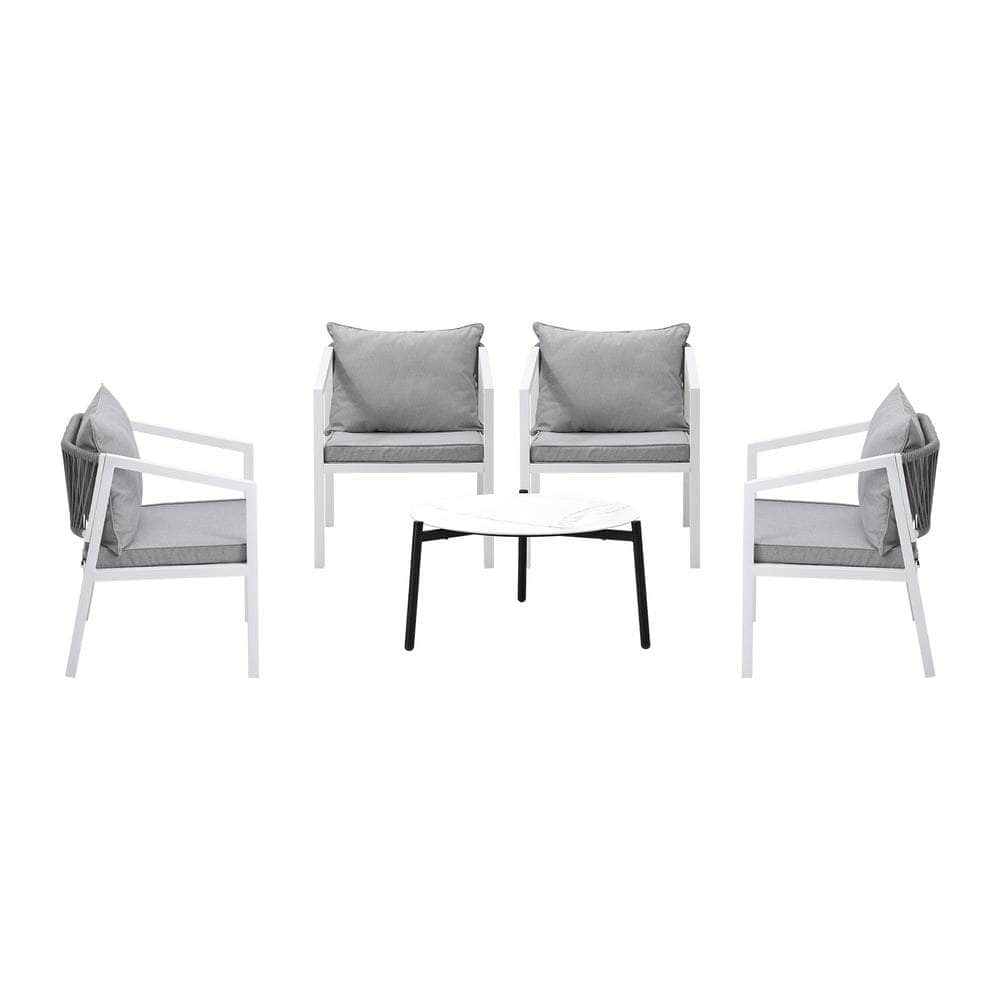 Outdoor Patio Set 4 Seater with White Chairs & 70cm Coffee Table for Garden