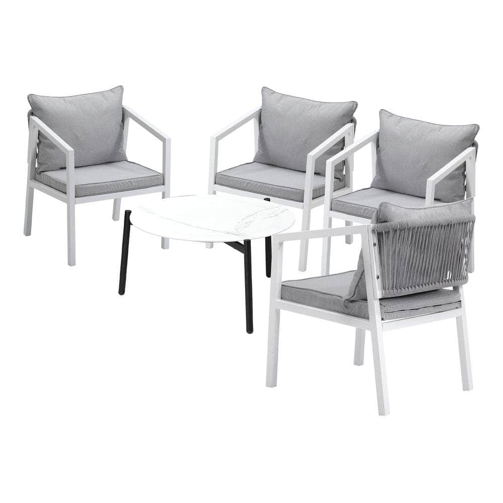 Outdoor Patio Set 4 Seater with White Chairs & 70cm Coffee Table for Garden