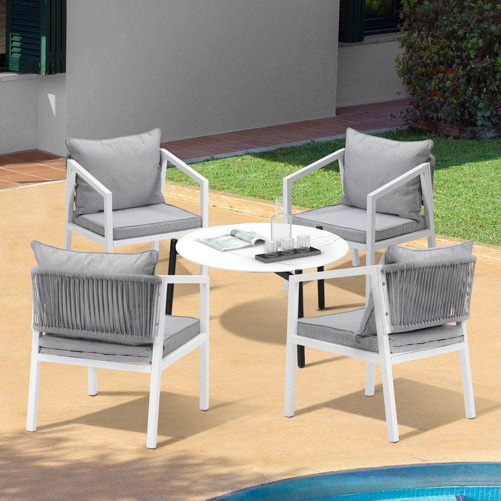 Outdoor Patio Set 4 Seater with White Chairs & 70cm Coffee Table for Garden