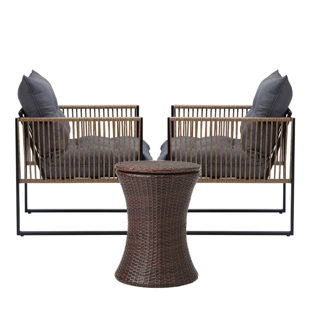 Outdoor Patio Set Ice Bucket Black & Brown Table Rattan Bistro Set 3pcs