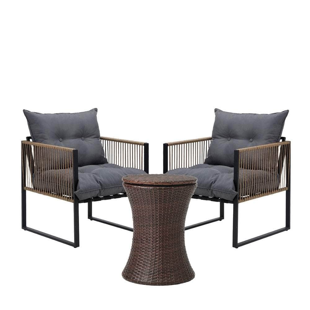 Outdoor Patio Set Ice Bucket Black & Brown Table Rattan Bistro Set 3pcs