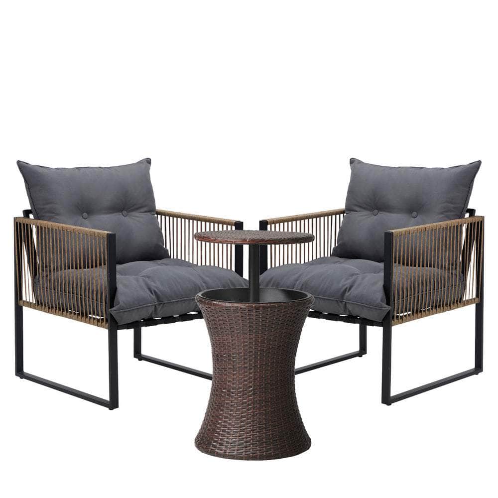 Outdoor Patio Set Ice Bucket Black & Brown Table Rattan Bistro Set 3pcs