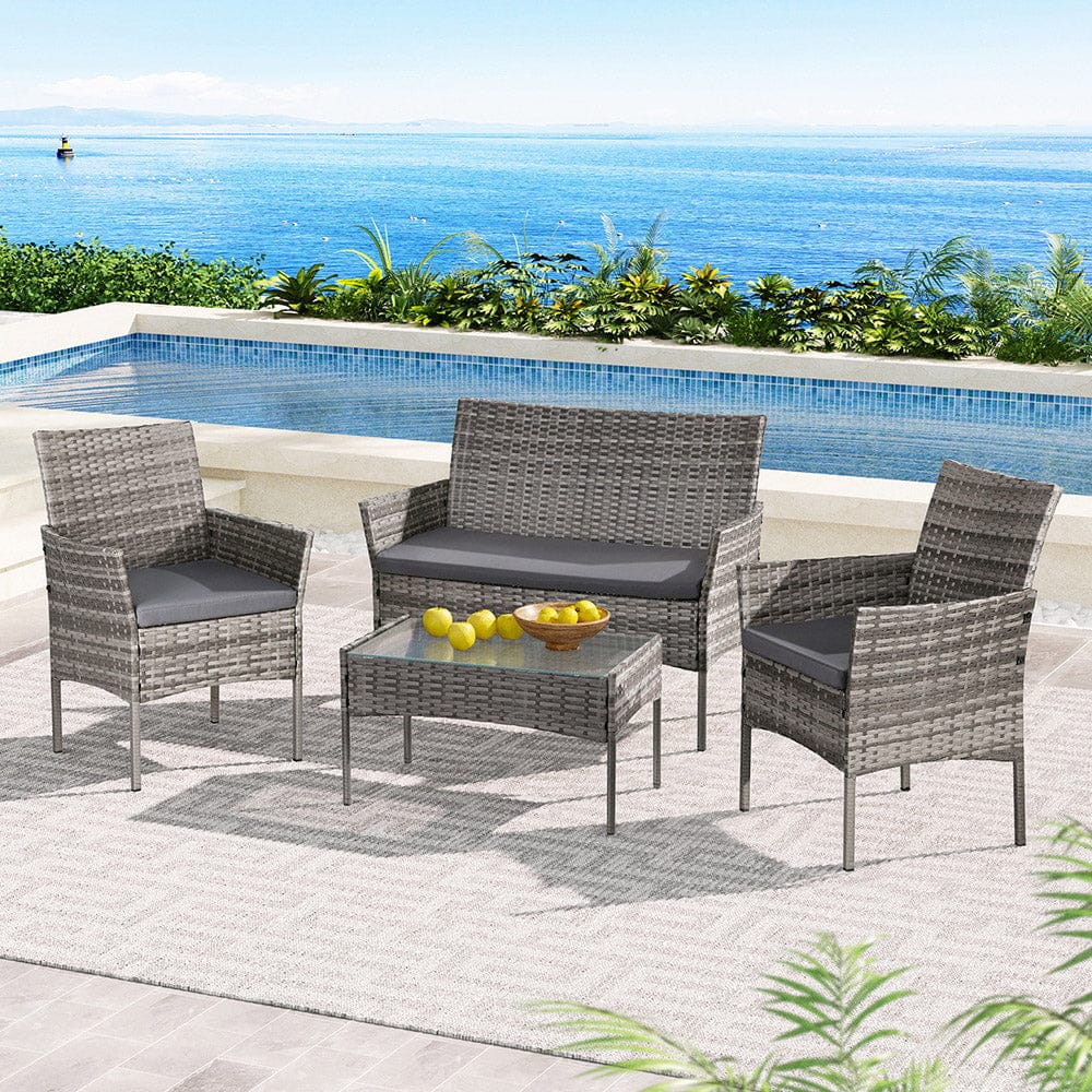 4 Seater Outdoor Sofa Set Wicker Setting Table Chair Furniture Grey, Outdoor Chairs