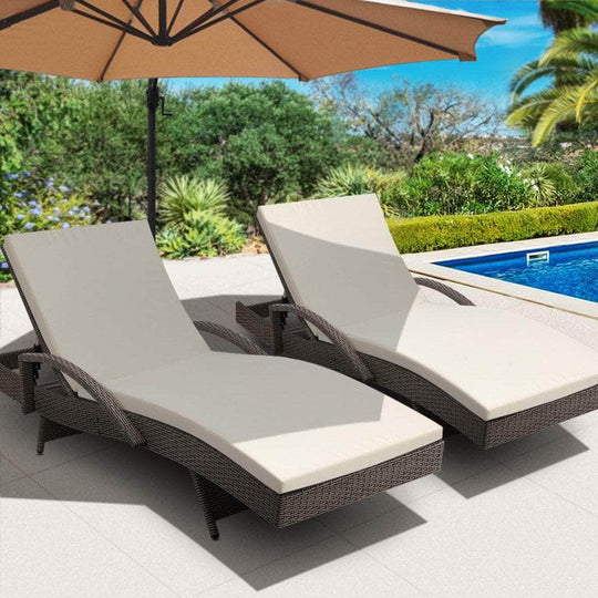 2Pc Adjustable Wicker Beach Chair Patio Lounger Grey&Beige, Arm Chairs & Recliners