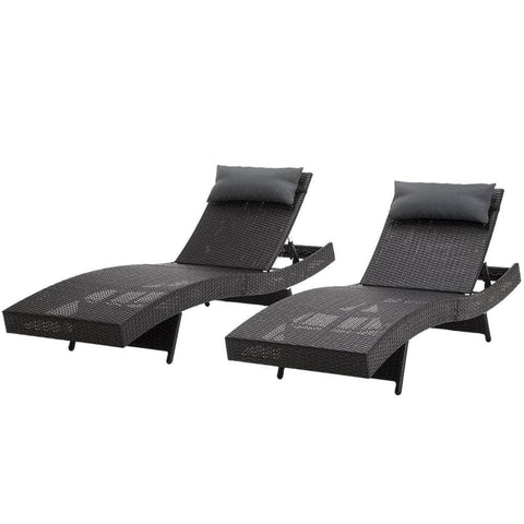 2Pc Adjustable Black Wicker Beach Chair Garden Lounger