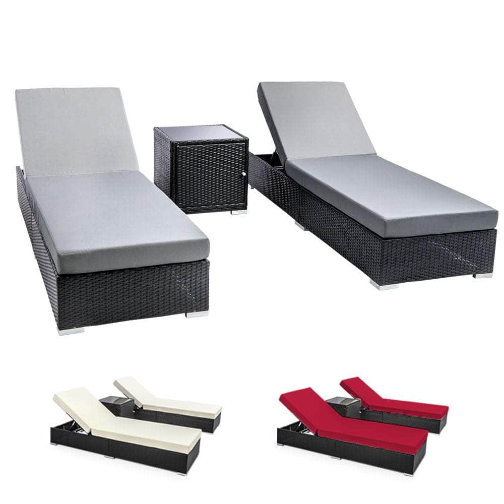 Outdoor Sun Lounge Wicker Lounger Setting Day Bed Chair Pool Furniture Rattan Sofa Cushion Garden Patio 3pc Gardeon Black Frame