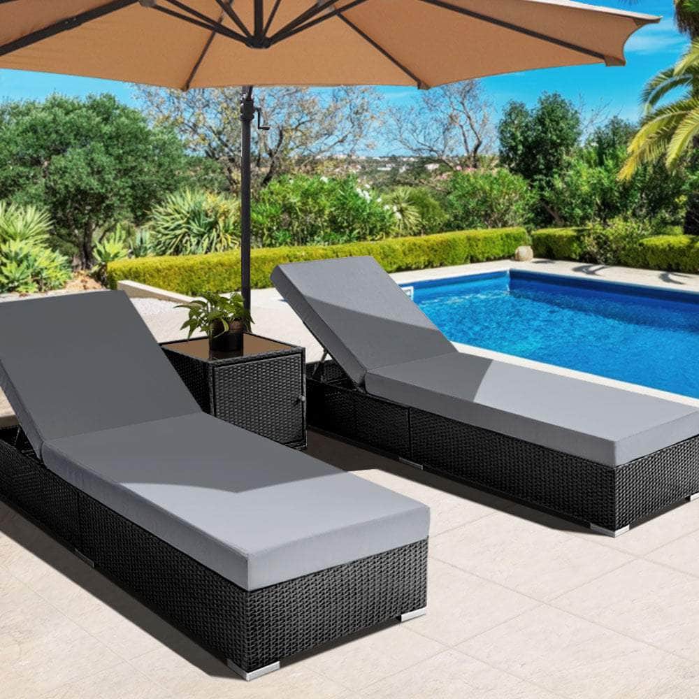 Outdoor Sun Lounge Wicker Lounger Setting Day Bed Chair Pool Furniture Rattan Sofa Cushion Garden Patio 3pc Gardeon Black Frame