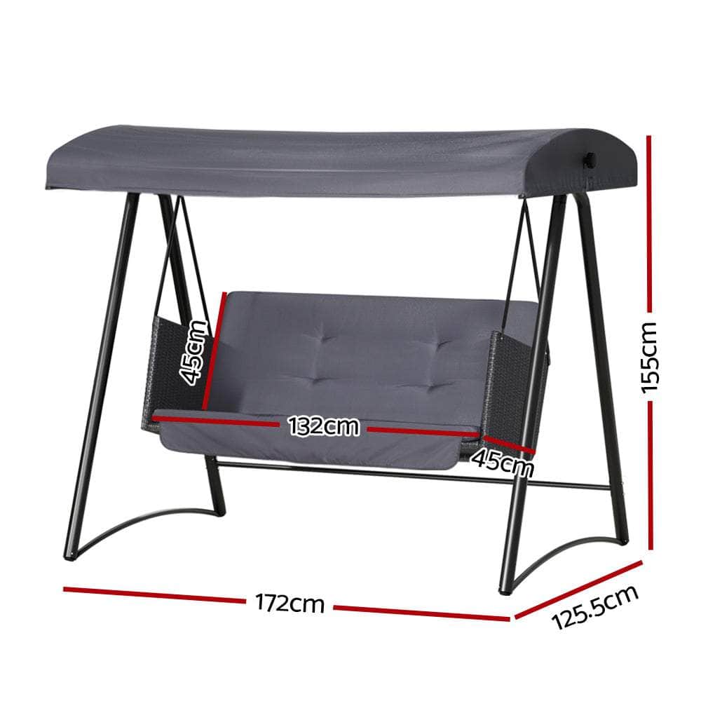 3 Seater - Outdoor Swing Chair Garden Bench Furniture Canopy 3 Seater Rattan Grey