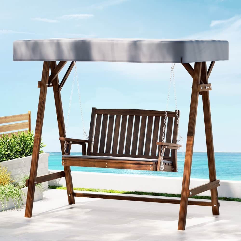 Outdoor Wooden Swing Chair Garden Bench Canopy 2 Seater Charcoal