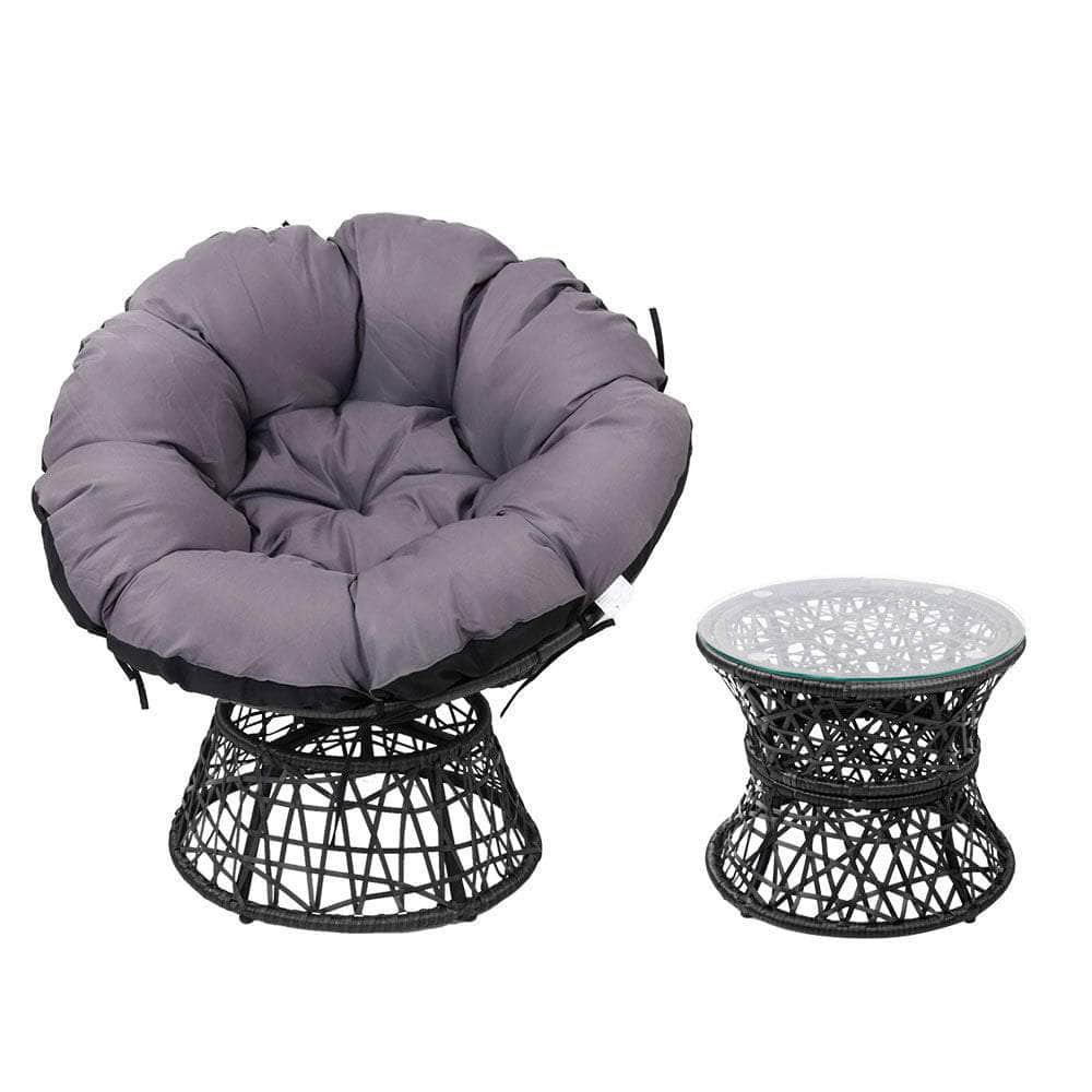 Papasan Chair and Side Table Set- Black