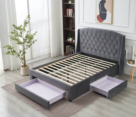 Paris Tall Tufted Velvet Dark Grey Bed With Storage Drawer - King