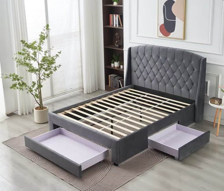 Paris Tall Tufted Velvet Dark Grey Bed With Storage Drawer - Queen