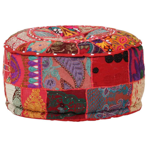 Patchwork Pouffe Round Cotton Handmade  Red