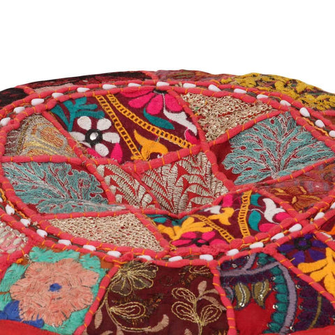 Patchwork Pouffe Round Cotton Handmade  Red