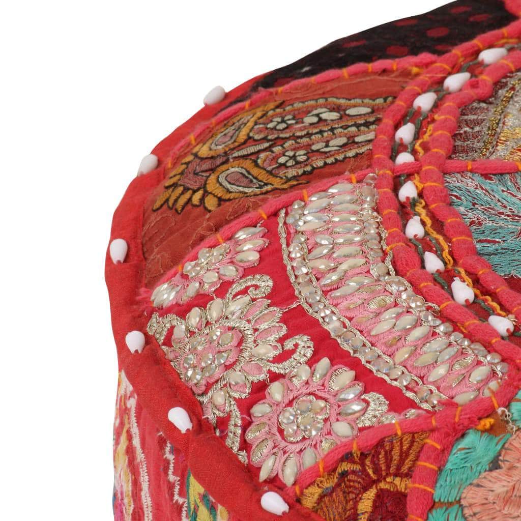 Patchwork Pouffe Round Cotton Handmade  Red