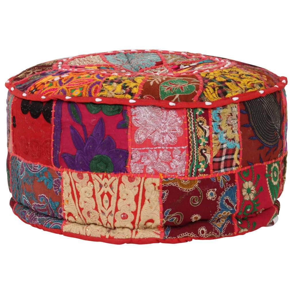 Patchwork Pouffe Round Cotton Handmade  Red