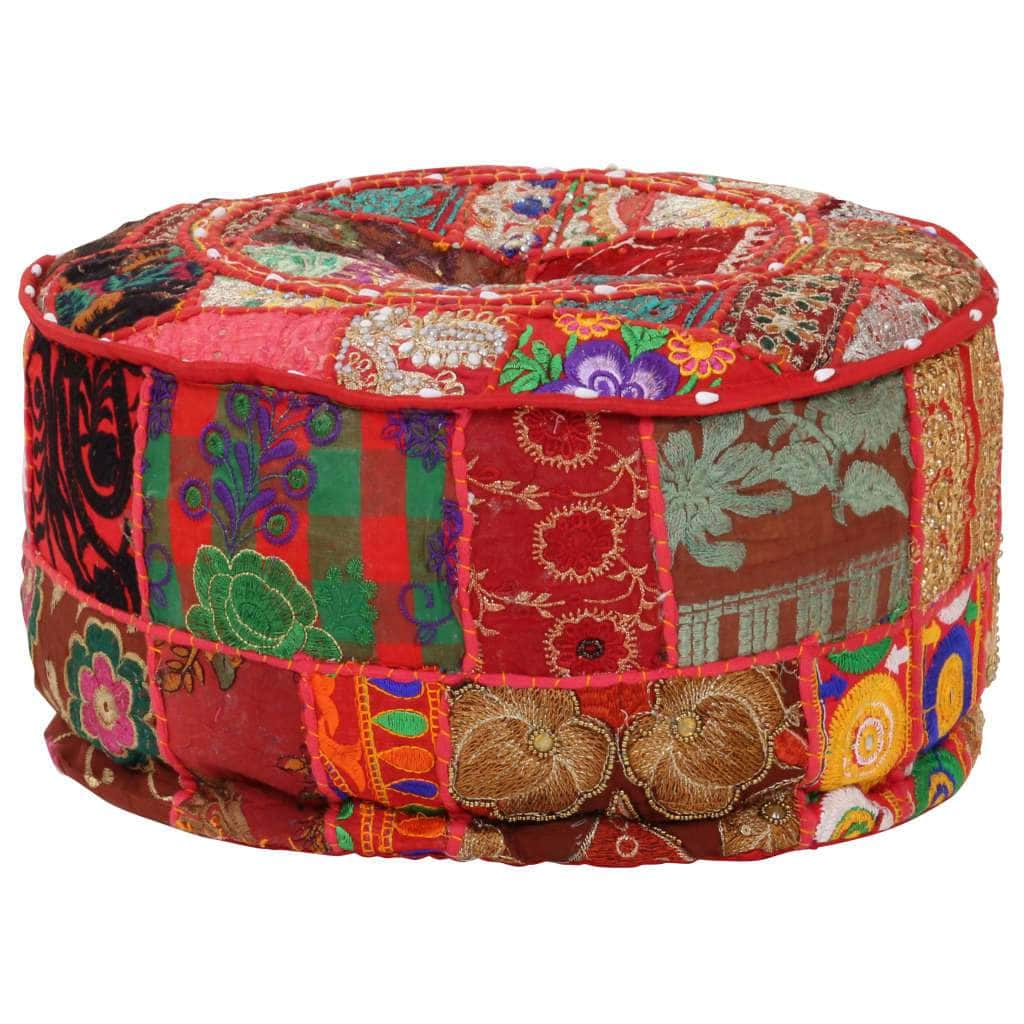 Patchwork Pouffe Round Cotton Handmade  Red