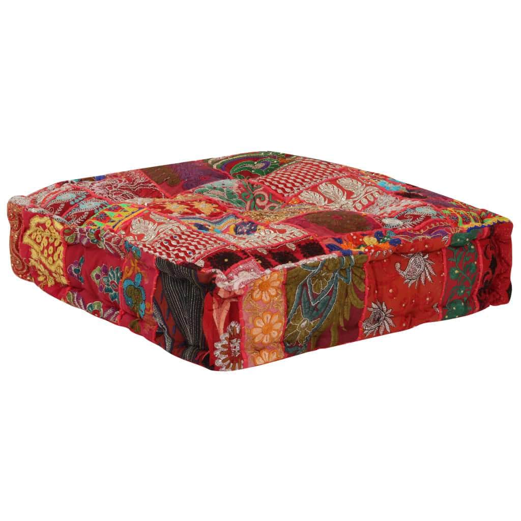 Patchwork Pouffe Square Cotton Handmade Red