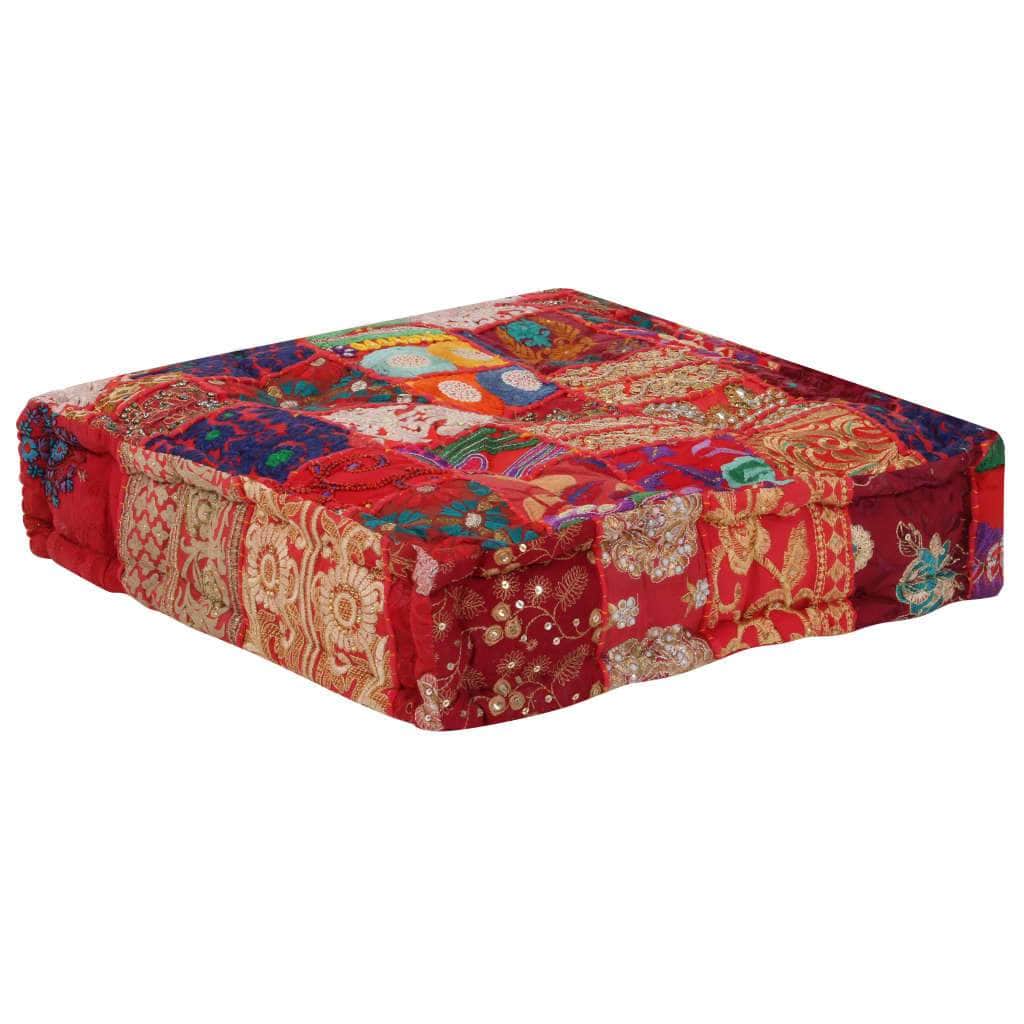 Patchwork Pouffe Square Cotton Handmade Red