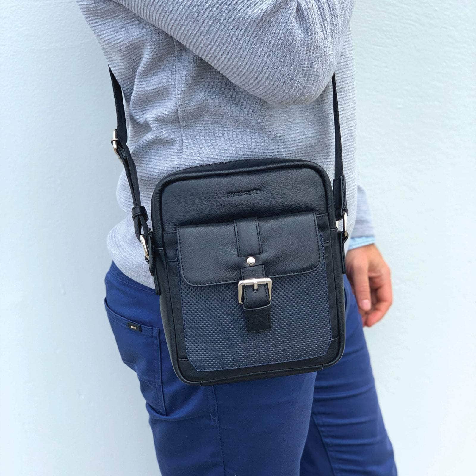 Pebbled Leather Organizer Bag Cross Body - Black/Navy