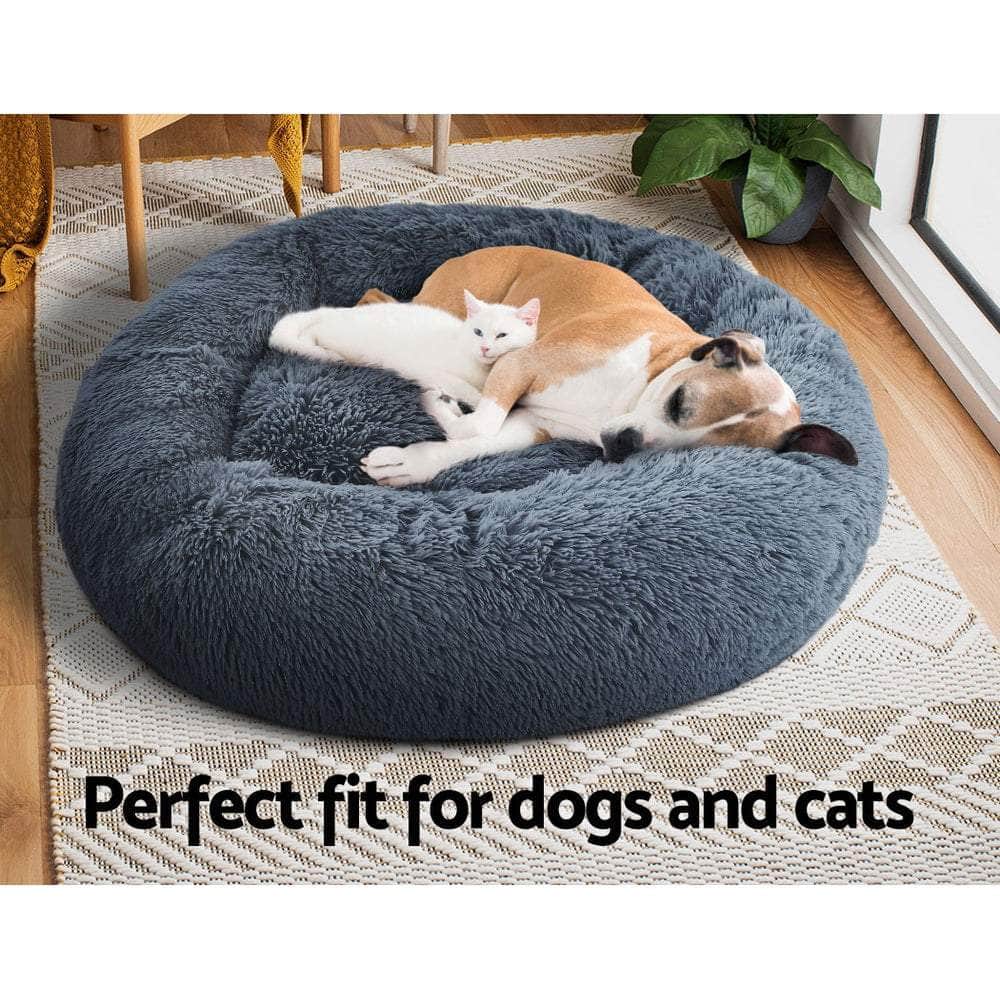 Pet Bed Dog Cat 90Cm Large Calming Soft Plush Bed Dark Grey
