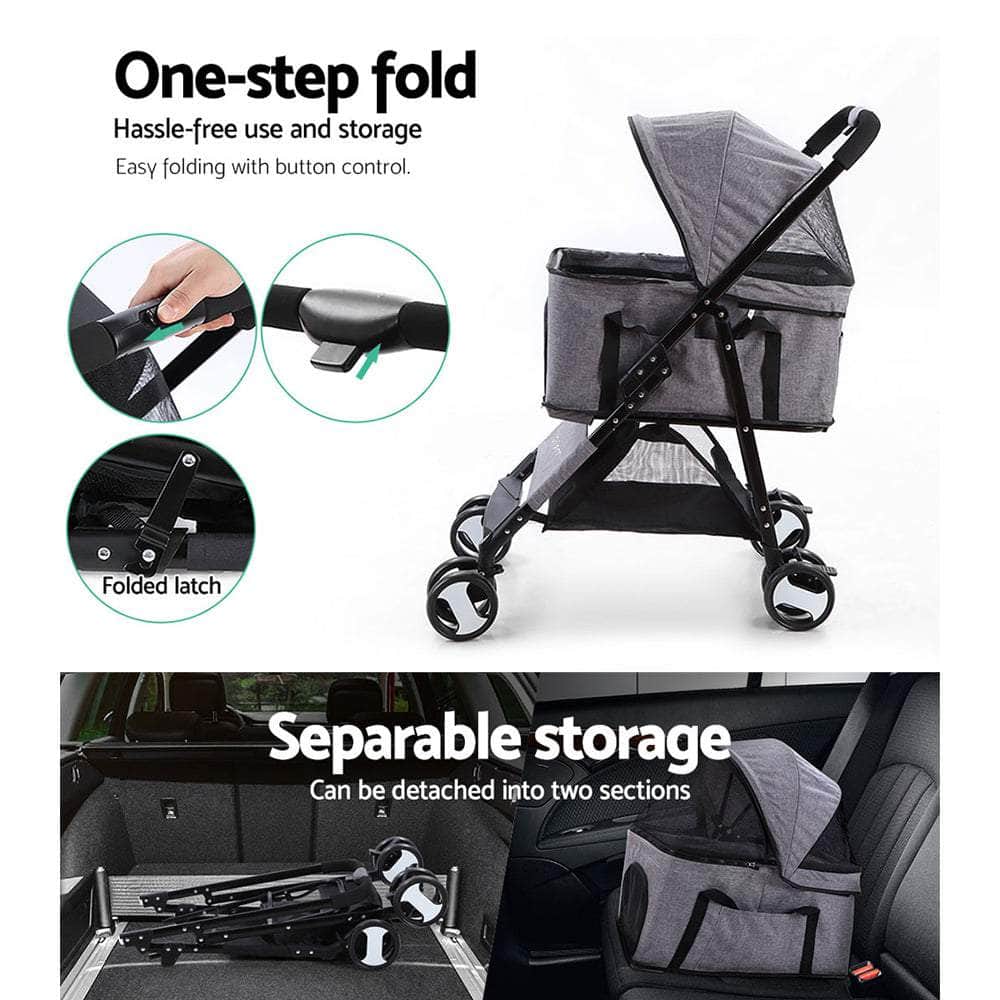 Pet Stroller Dog Pram Cat Carrier Travel Large Pushchair Foldable 4 Wheels Grey