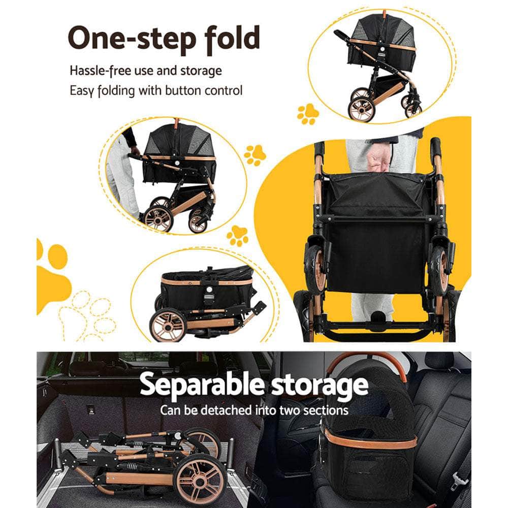 Pet Stroller Dog Pram Large Cat Carrier Travel Foldable Pushchair 4 Wheels