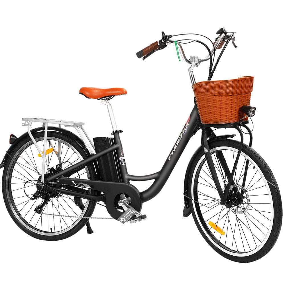 Phoenix 26" Electric Bike eBike e-Bike City Bicycle Vintage Style LG Battery Motorized Basket Black