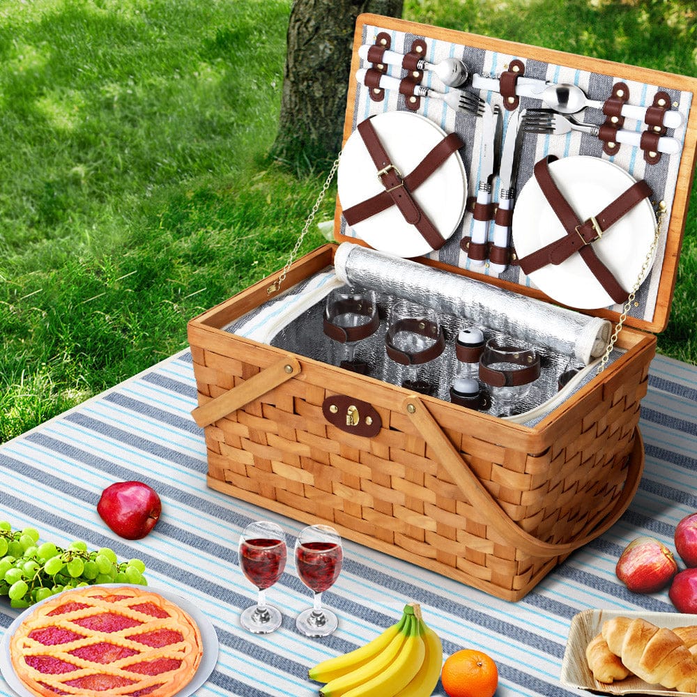 4 Person Picnic Basket Set Wooden Blanket Bag Insulated, Cooler Outdoor Liquor
